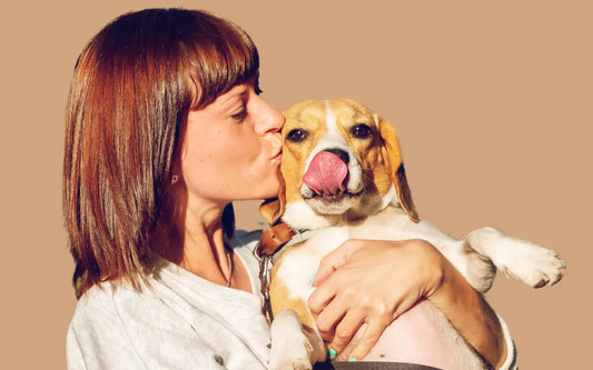 Woman kissing her beagle while embracing vegan skincare benefits for a healthier, natural lifestyle.