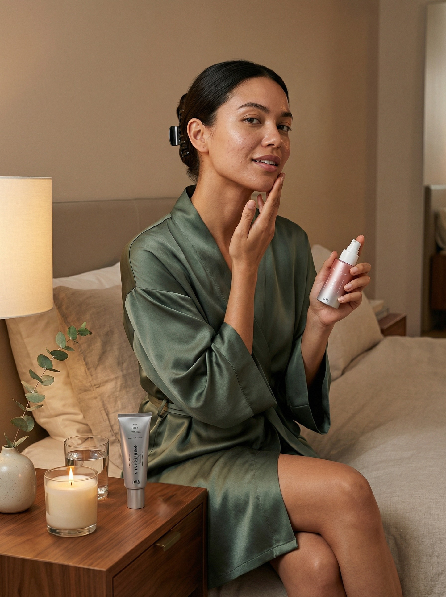 girl using a night restore bundle before bedtime to restore stressed skin
