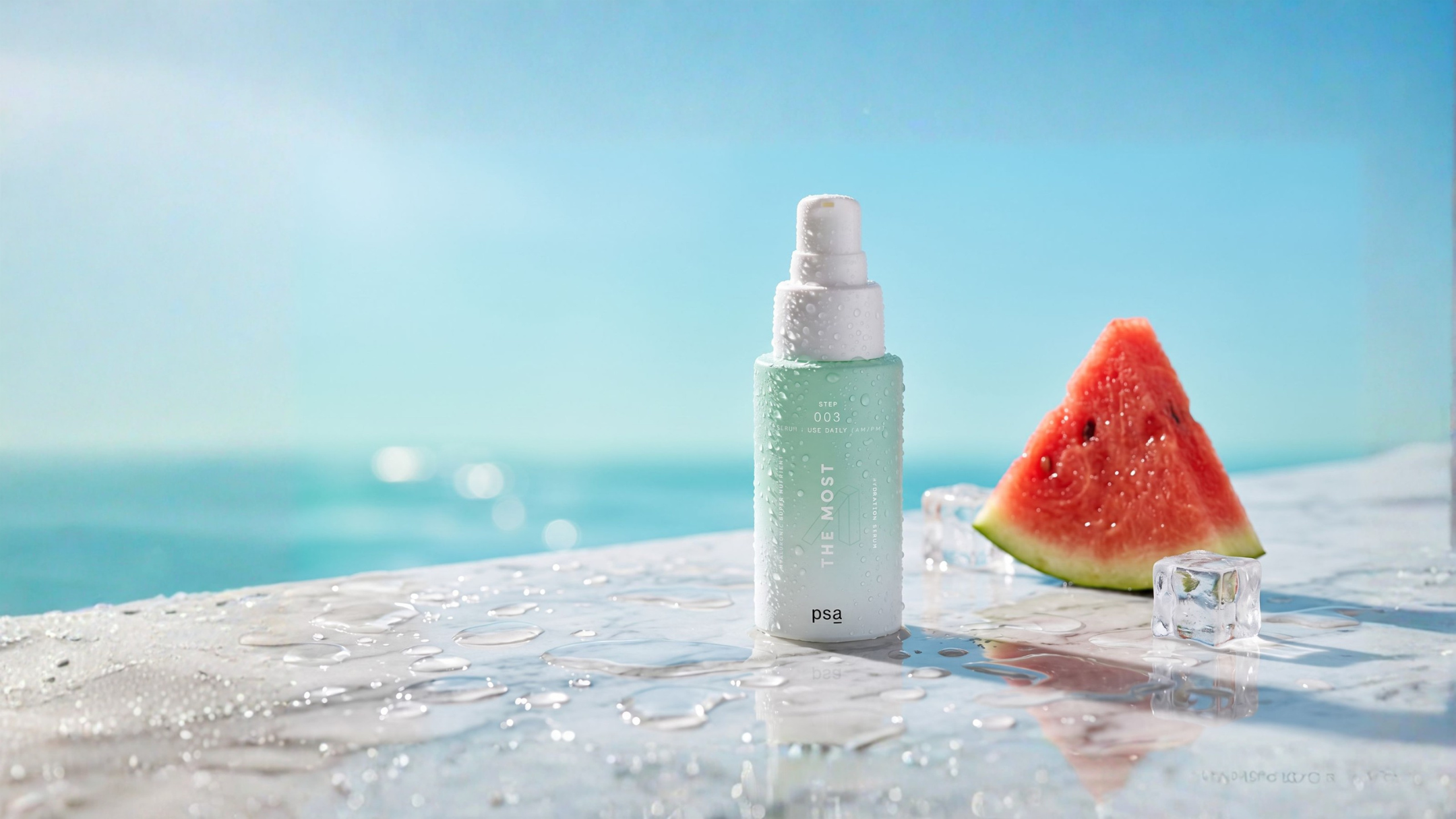 Skincare bottle with watermelon slice on a reflective surface with ocean view