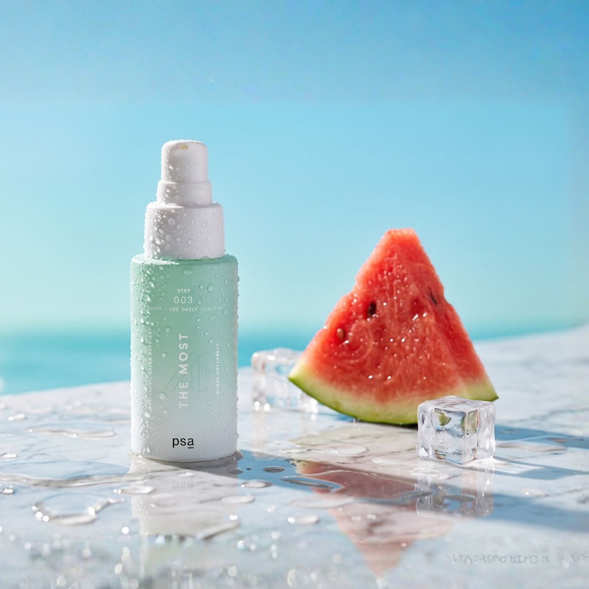Skincare bottle with watermelon slice on a reflective surface with ocean view